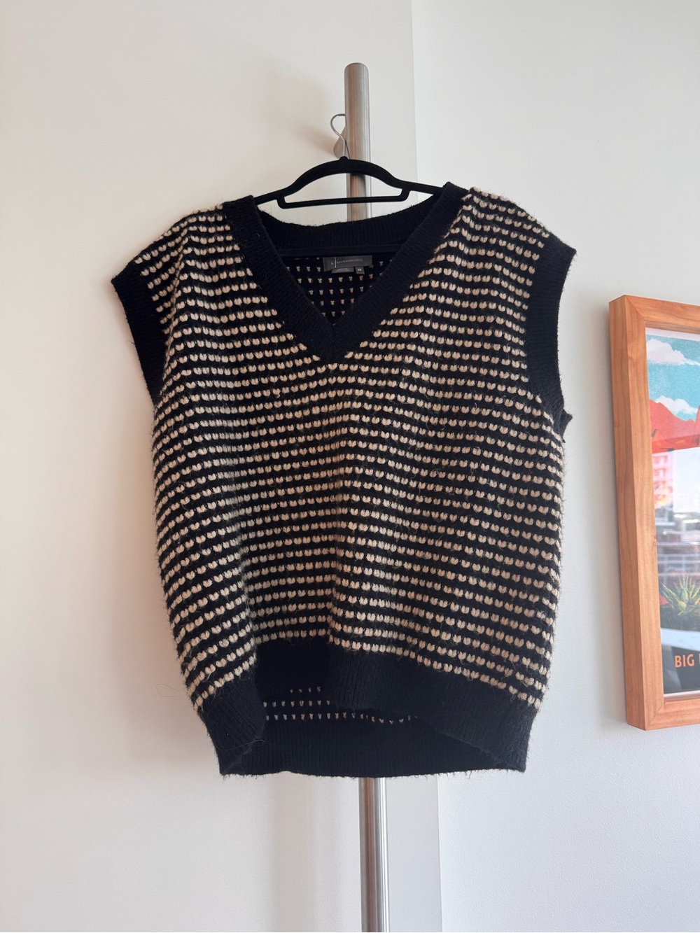 Anthropologie Black and Cream Striped V-Neck Sweater Vest